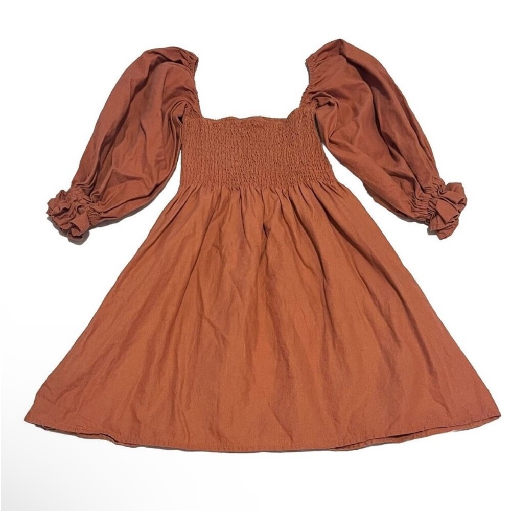 Kourt Anthropologie Rust Orange Smocked Balloon Sleeve Dress sz XS